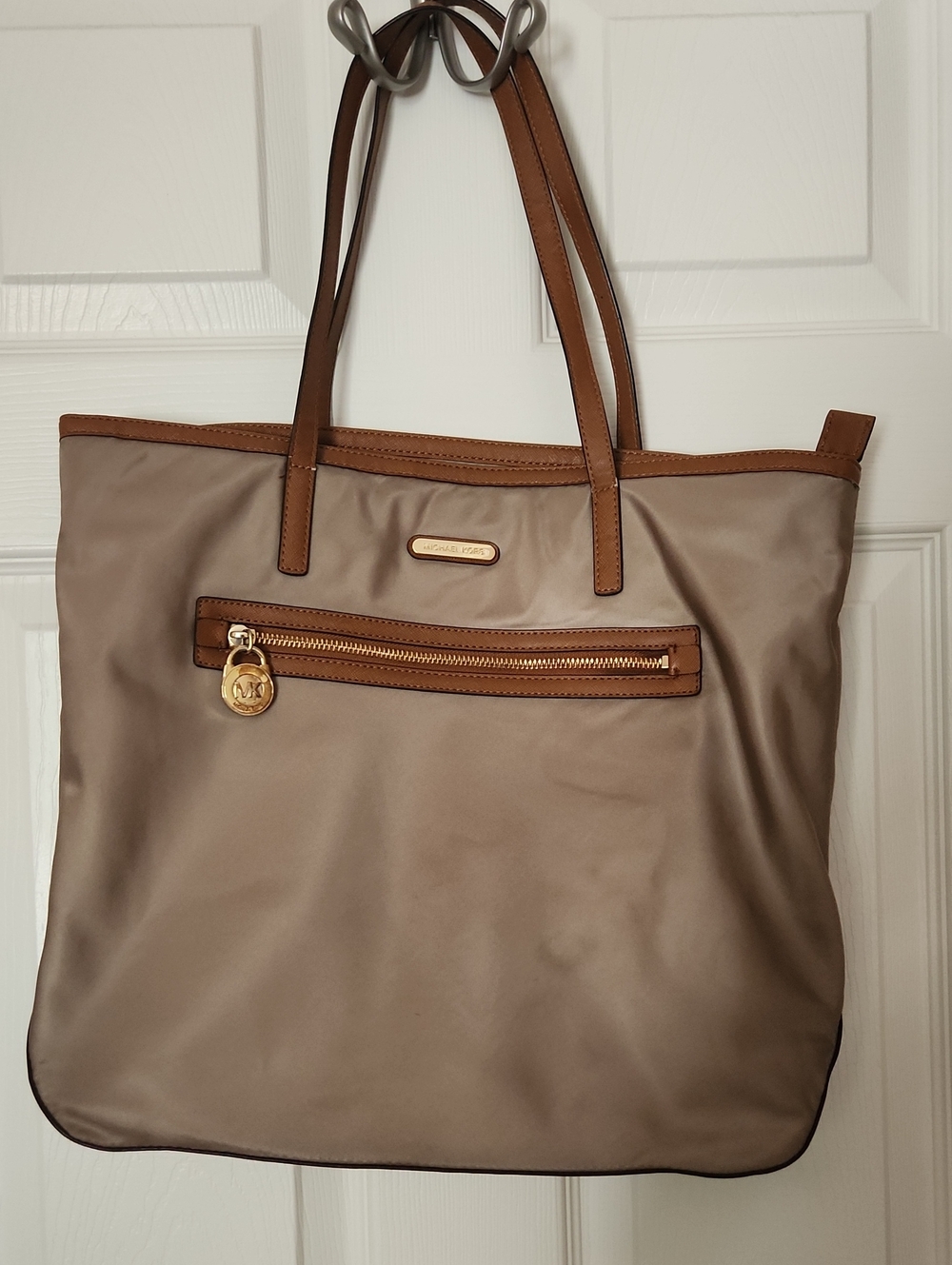Michael Kors Taupe Tote with Brown Trim and Gold Hardware
